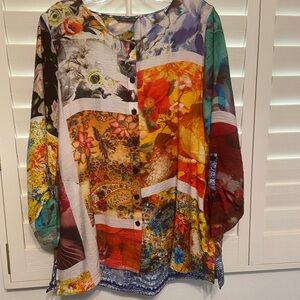 JOHN MARK Art to Wear Mix Printed BOHO Floral Tie-Dye Tunic Top SZ MED